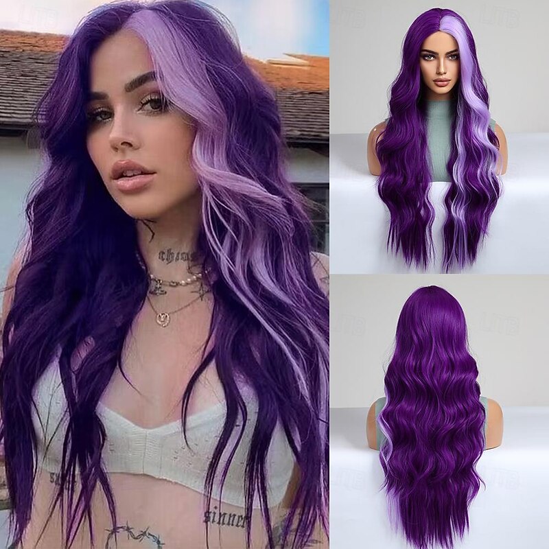 Synthetic Wig Uniforms Career Costumes Princess Straight kinky Straight Middle Part Layered Haircut Machine Made Wig 26 inch Purple / Blue Synthetic Hair Women's Cosplay Party Fashion Purple
