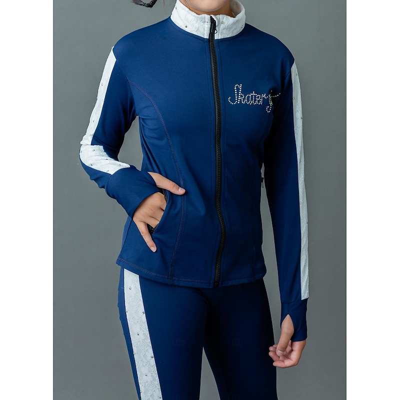 Figure Skating Fleece Jacket Figure Skating Pants Figure Skating Jacket with Pants Women's Girls' Ice Skating Jacket Tights Outfits Blue White Patchwork Thumbhole Spandex Lace Stretchy Training4