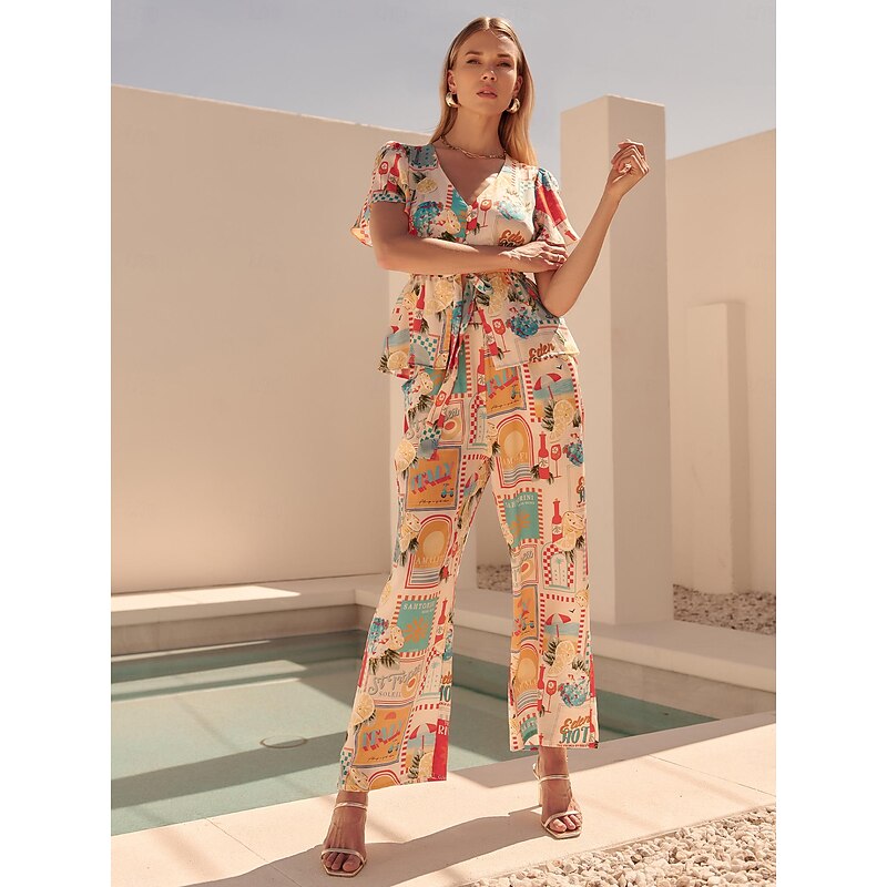 Tencel Tie Front Ruffle Sleeve V Neck Blouse2