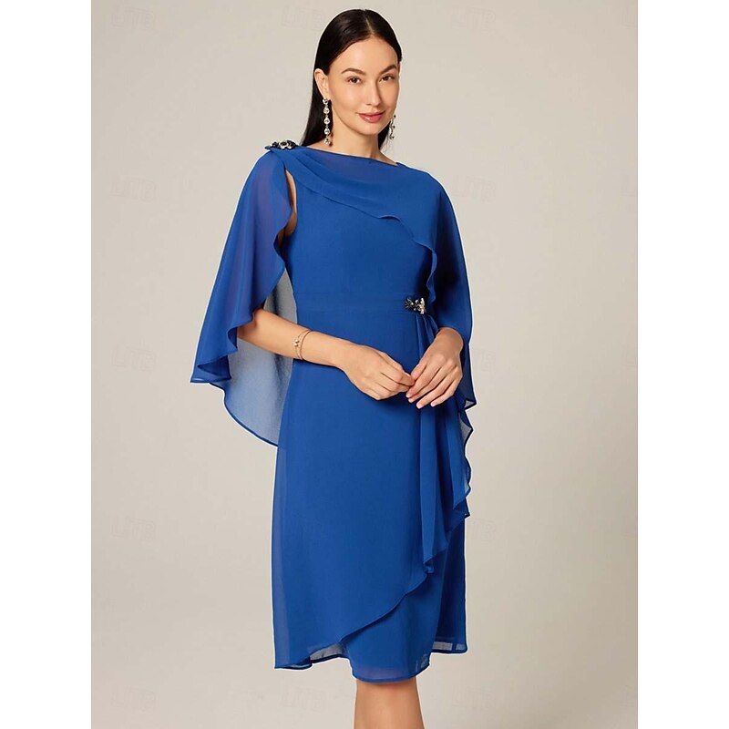 Women's Plus Size Wedding Guest Cocktail Dress Set Chiffon Ruffle Boat Neck Sleeveless Midi Dress Party Elegant Royal Blue Summer2