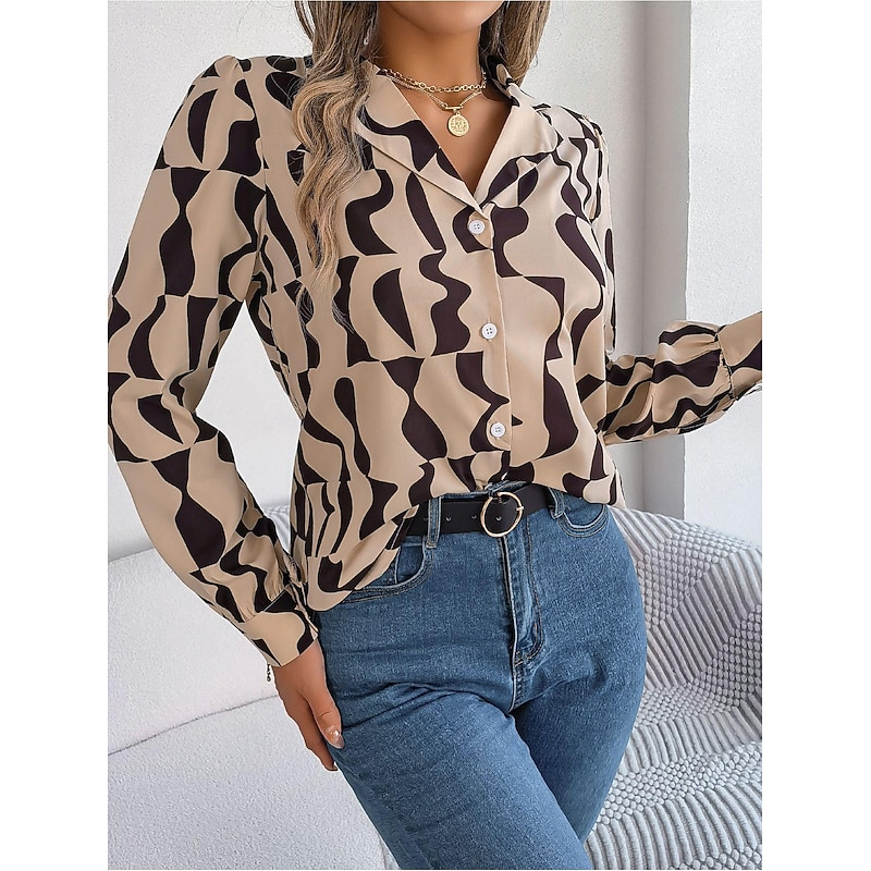 Women's Blouse Geometric Buttoned Work Stylish Modern Long Sleeve Black Spring Fall