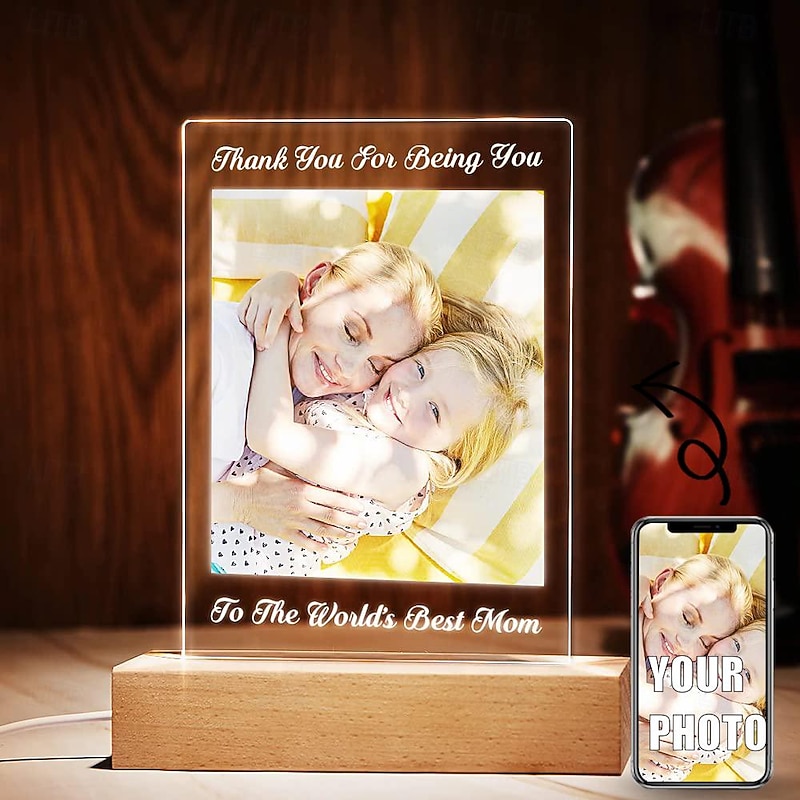 Personalized Light Up Photo Frame Custom Best Gift for Mom – Acrylic Night Light, Warm White 7-Color for Best Mom, Valentine's Day, Wedding, Birthday, Anniversary Gifts