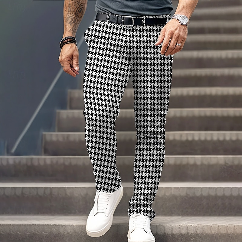 Men's Houndstooth Dress Pants Mid Waist Business Casual Formal Dailywear Zipper Pocket Summer Spring Fall 3D Print Black