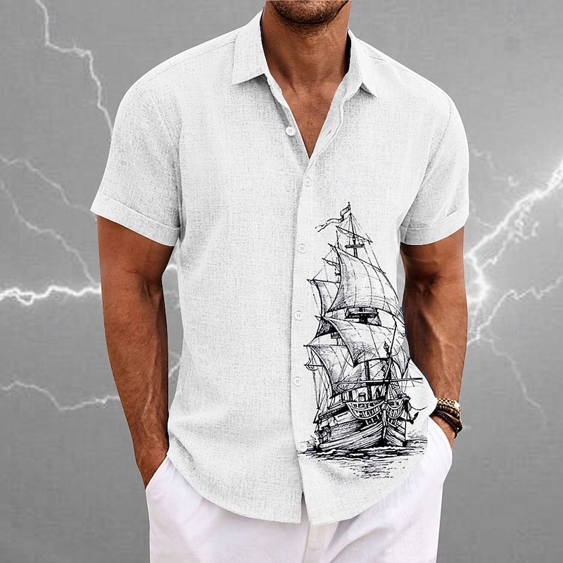 Men's Nautical Sailboat Shirt Button Up Shirt Short Sleeve Vintage Casual Vacation Daily Hawaiian Summer Spring Turndown Collared Shirts Button Up 3D Print White Blue Gray