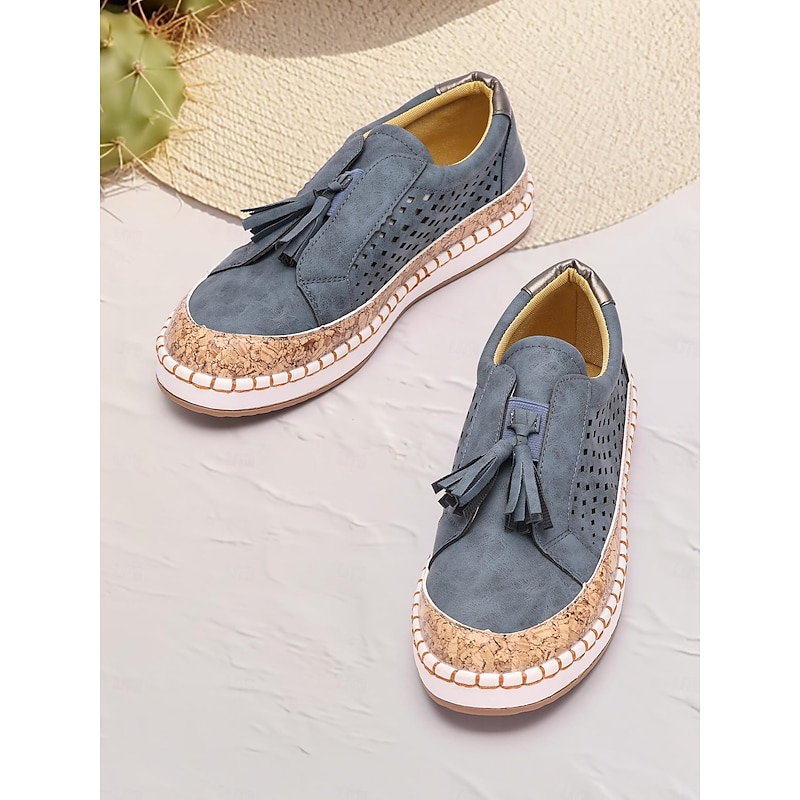 Women's Casual Tassel Loafers – Blue Suede Slip-On Shoes with Perforated Design & Cork Sole, Comfortable for Summer & Everyday Wear