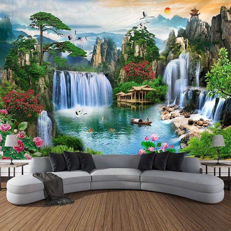 Chinese Landscape Painting Hanging Tapestry Wall Art Large Tapestry Mural Decor Photograph Backdrop Blanket Curtain Home Bedroom Living Room Decoration