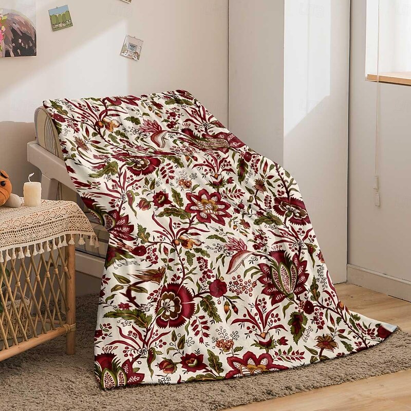 Retro Floral Flannel Blanket Sofa Cover Blanket Office Lunch Nap Blanket AC Blanket Skin-friendly Children Adult Bedroom Blanket3