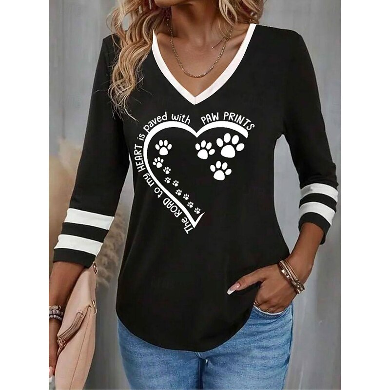 Women's T Shirt V Neck Long Sleeve Tunic Fashion Casual Print Regular Tops Daily Black Spring & Fall