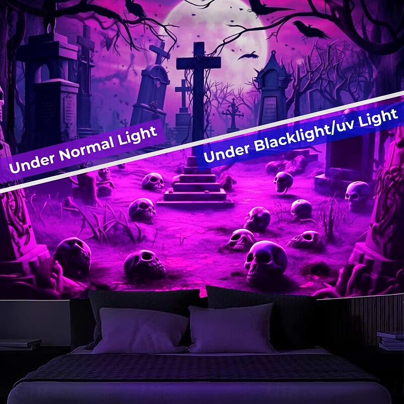 Halloween Skulls Blacklight Tapestry UV Reactive Glow in the Dark Misty Graveyard Hanging Tapestry Wall Art Mural for Living Room Bedroom2