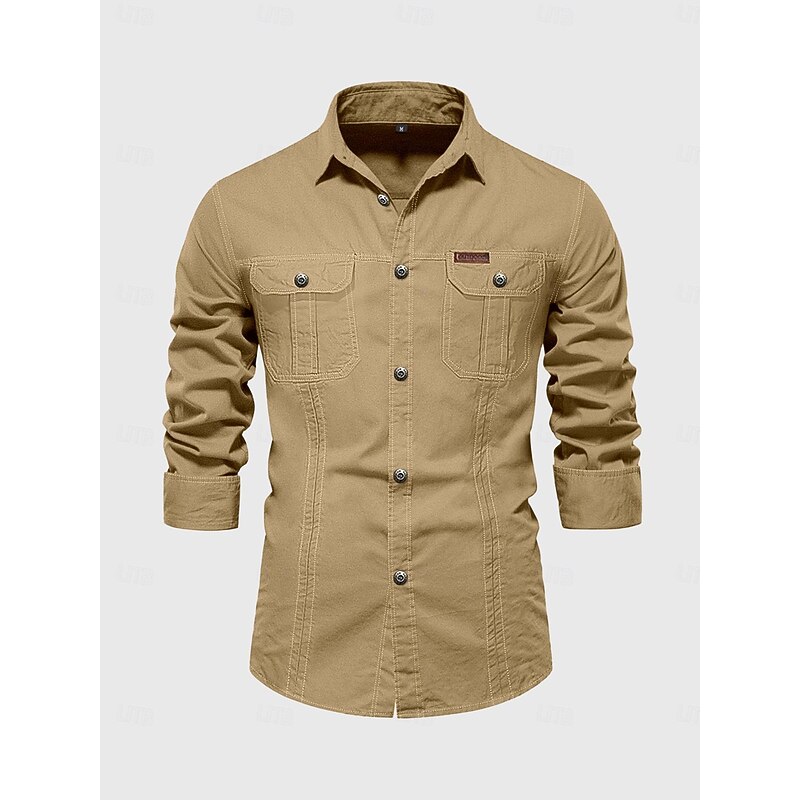 Men's Shirt Button Up Shirt Casual Shirt Work Shirt Cargo Shirt Navy Blue Green khaki Beige Long Sleeve Plain Collar Street Daily Front Pocket Clothing Apparel Fashion Casual Comfortable