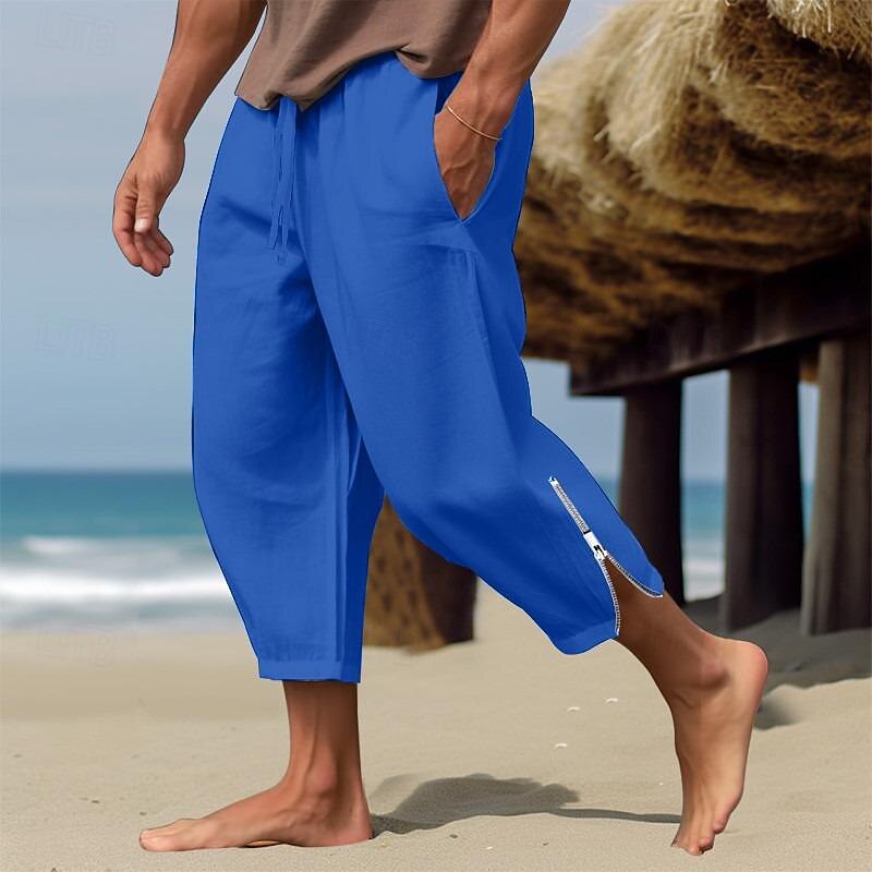 Men's Linen Pants Summer Pants Beach Pants Drawstring Elastic Waist Zip Leg Plain Comfort Breathable Casual Daily Holiday Fashion Classic Style Black White3