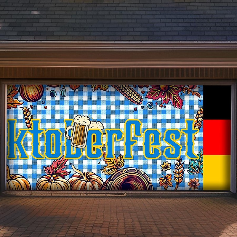 German Oktoberfest 2025 Outdoor Garage Door Cover Banner Pretzel Beer Vintage Farmhouse Large Backdrop Decoration for Holiday Outdoor Garage Door Home Wall Decorations2