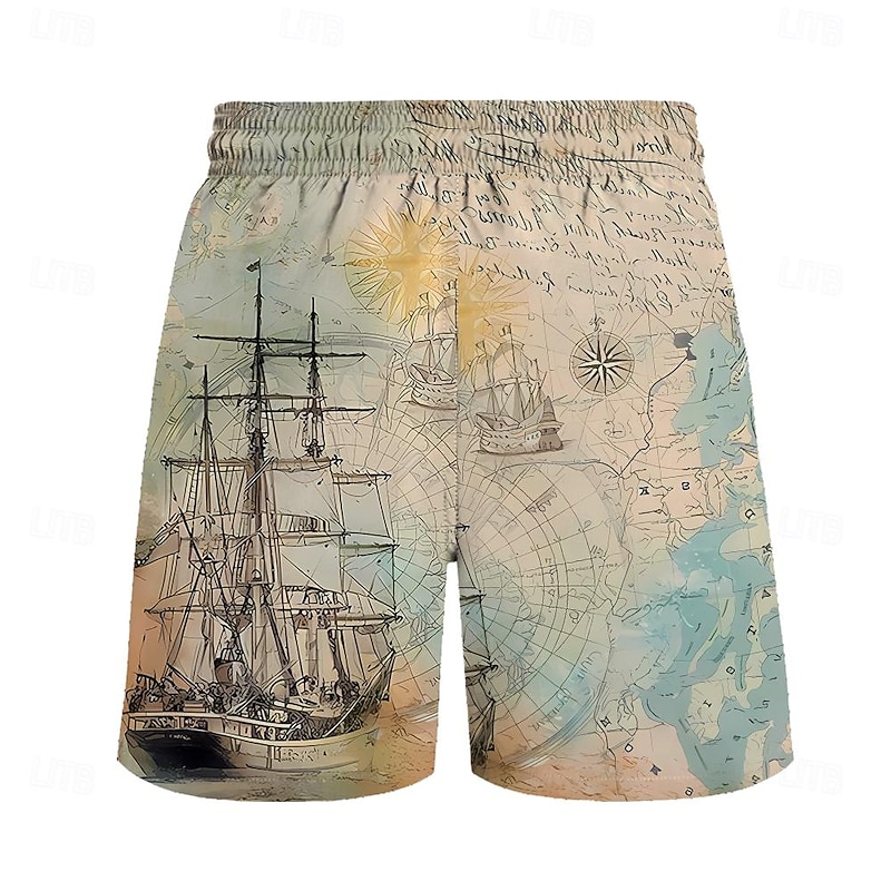 Men's Map Sailboat Swim Trunks Swim Shorts Board Shorts Mid Waist Fashion Streetwear Designer Casual Daily Holiday Pocket Drawstring Elastic Waist Designer Clothing Apparel2