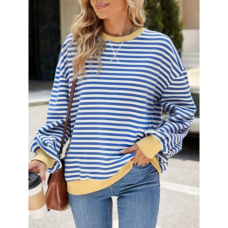 Women's Sweatshirt Pullover Casual Striped Dailywear Going out Crew Neck Print Long Sleeve Black Red Blue Purple Spring Fall Winter