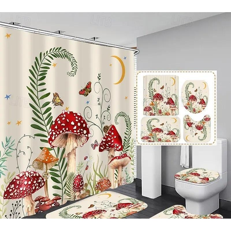Shower Curtain 180cm 70",Watercolor Shower Curtain Set, Polyester Waterproof Shower Curtain, Non-slip Floor Mat, Toilet Seat, Bathroom Mat&12 Plastic Hooks, for Bathroom Bathtub Decoration4