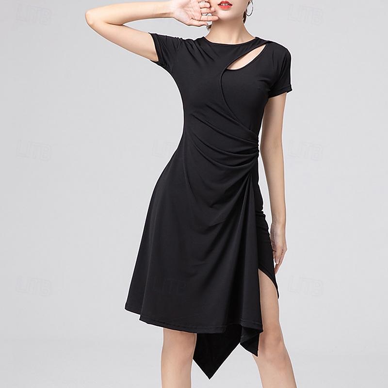 Latin Dance Dress Hollow-out Pure Color Splicing Women's Performance Training Short Sleeve High Polyester