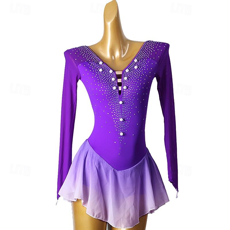 Figure Skating Dress Women's Girls' Ice Skating Dress Violet Patchwork Open Back Mesh Spandex High Elasticity Training Practice Professional Skating Wear Classic Crystal / Rhinestone Long Sleeve Ice