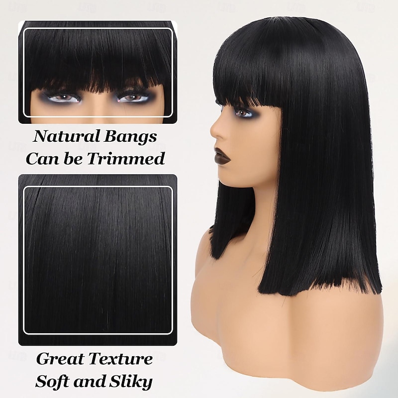 Black Bob Wig with Bangs for Women Short Straight bob Wigs with Golden Sequin Heat Resistant Synthetic Hair Bob Cut Wig Mia Wallace Cleopatra Halloweeen Cosplay Costume Wig4