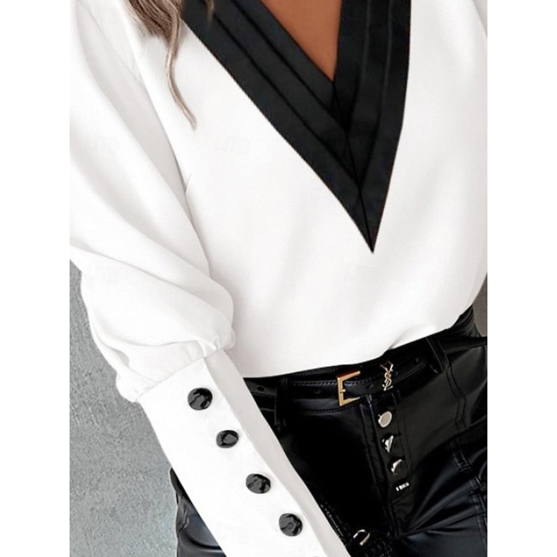Women's Blouse Buttoned Pleated Work Stylish Modern Long Sleeve White Spring Fall3