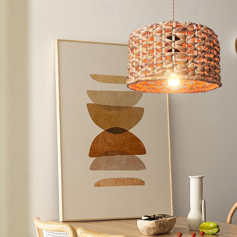 Hanging Swag Ceiling Lamp Twine Natural Rattan Lampshade Portable Pendant Light Dimmable Modern Farmhouse khaki Cord Chandelier Instant on Swag Lamp2