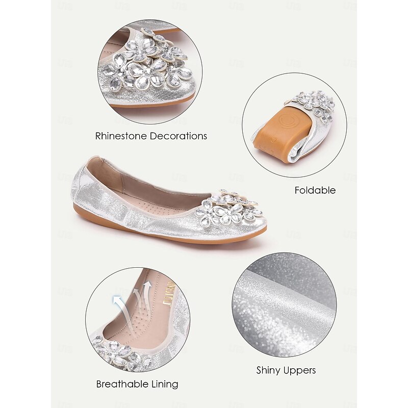 Women's Silver Foldable Flats with Rhinestone Embellishments - Comfortable, Lightweight Shoes for Travel, Parties, and Special Occasions2