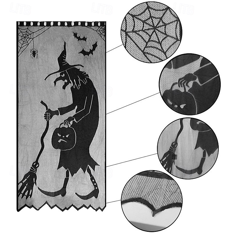 Halloween Scary Witch Front Door Curtain Decoration, Halloween Broomstick Bats Flying Jagged Bottom Display3