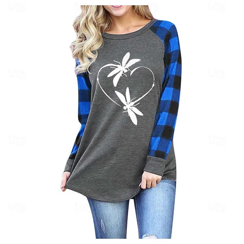 Women's Valentine Heart T Shirt Fashion Plaid Regular Tops Long Sleeve Round Neck Print Regular Fit Valentine's Day Weekend Red Blue Spring &  Fall