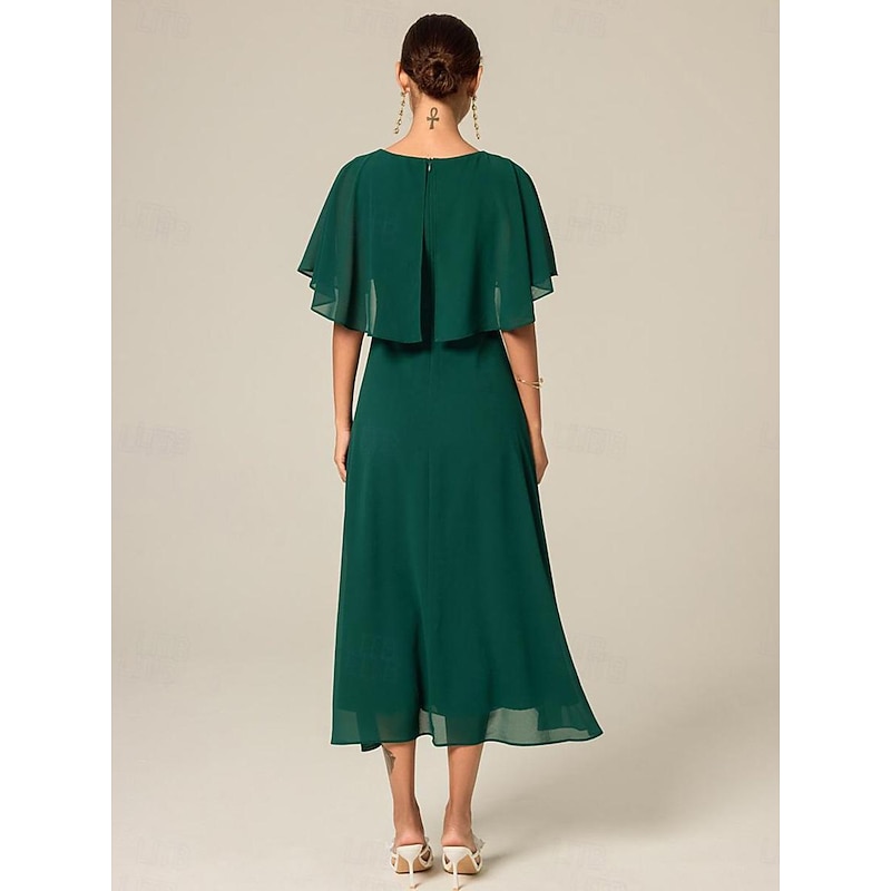 Women's  Wedding Guest Cocktail Dress Chiffon Ruffle Elegant Formal Midi A Line Dress Crew Neck Short Sleeve Flared Sleeve Dark Green Color3