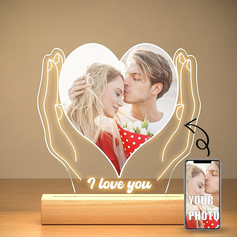 Personalized Light Up Photo Frame Wedding Couples Custom Heart Shaped USB Night Light for Wedding Valentines Anniversary Gift for Wife Husband or Lover
