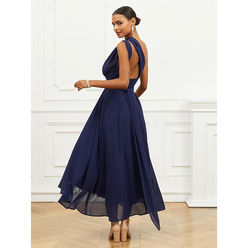 Women's Wedding Guest Cocktail Dress A Line Midi Chiffon Ruched Belted Elegant Formal One Shoulder Sleeveless Dress Navy Blue Color4