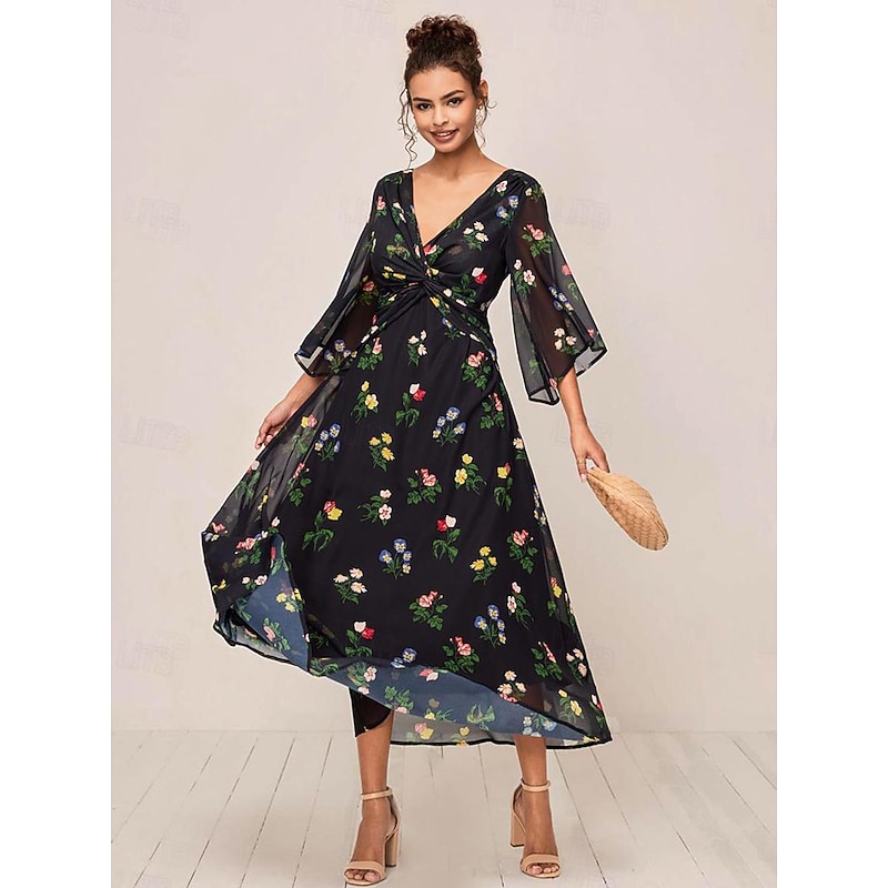 Women's Maxi Dress A Line Dress Elegant Stylish Flared Sleeve Wedding Guest Daily Cocktail Party Regular Fit Floral 3/4 Length Sleeve V Neck Black Summer Fall2