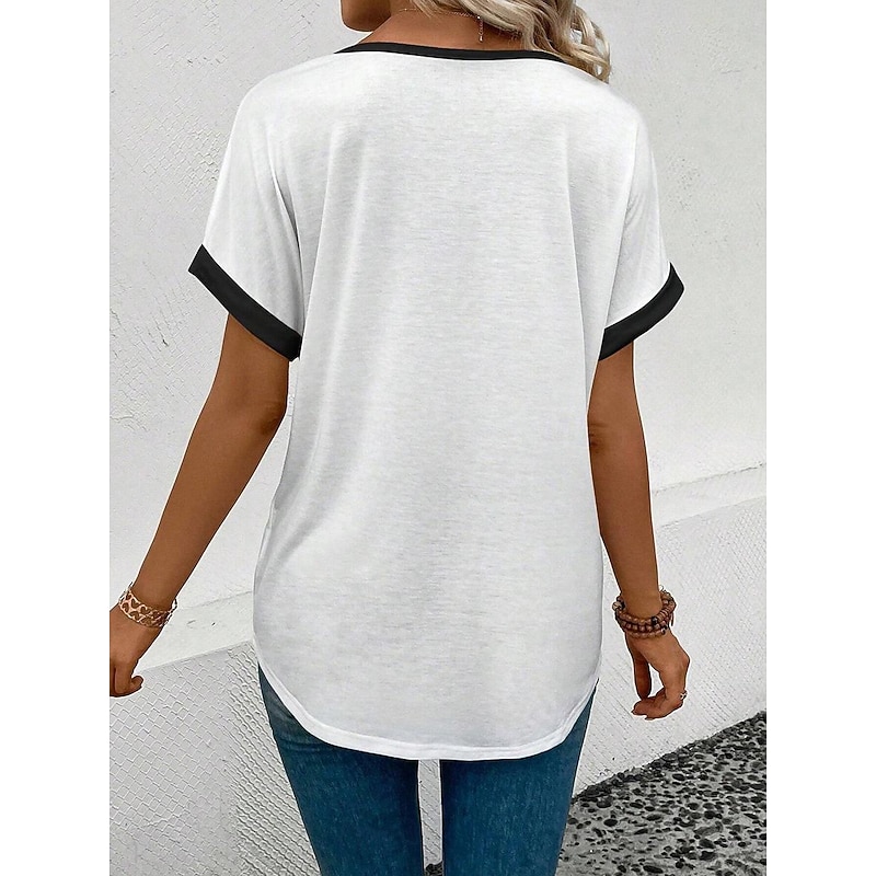 Women's T Shirt Casual Striped Print Short Sleeve Regular Tops V Neck Daily Black and White Summer3