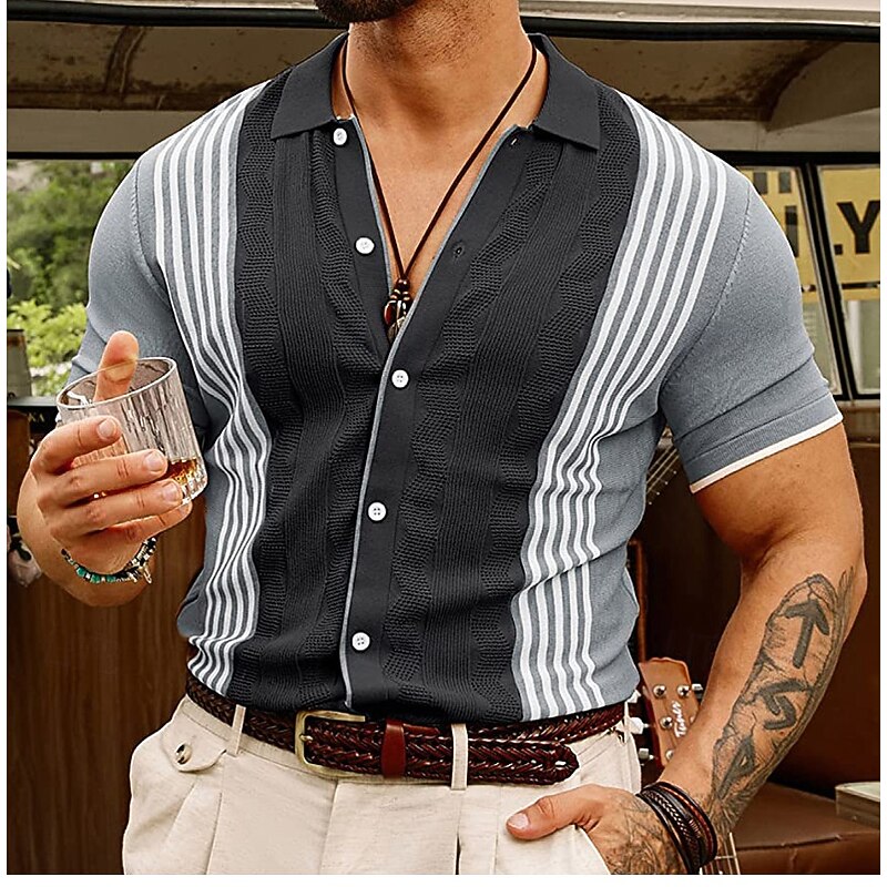 Men's Knit Polo Sweater Cardigan Casual Holiday Ribbed Polo Collar Classic Short Sleeve Vintage Old Money Style Striped Button Front Summer Spring Fall Brown Dark Grey Knit Polo Sweater2
