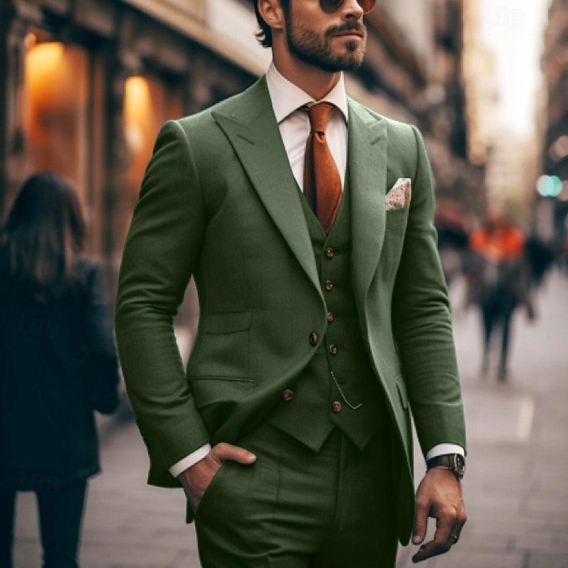 Men's Wedding Suits Peak Jade Solid Colored Tailored Fit 3 Piece Single Breasted One-button2
