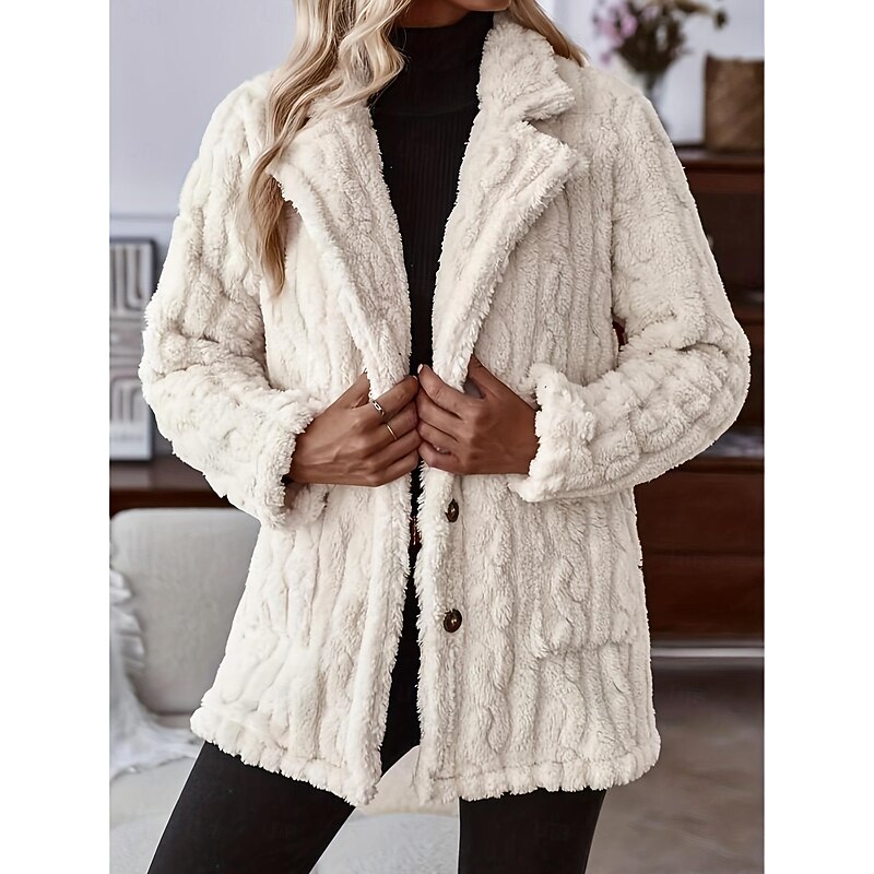 Women's Casual Jacket Warm Pocket Casual Solid Color Daily Buttoned Front Long V Neck Loose Fit Long Sleeve Outerwear Beige Spring Fall2