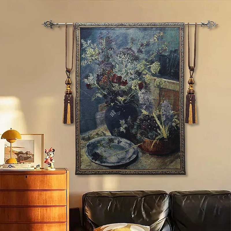 Jacquard Woven Tapestry Gobelin Aubusson Wall Art Hanging Loom Cotton Weave Large Tapestry Reproduction Spring Bouquet Still Life (without tassels and rod)