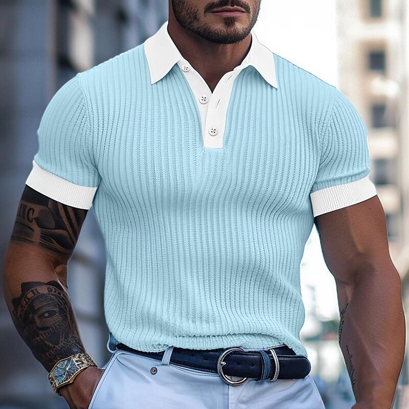 Men's Golf Shirt Knit Polo Business Casual Classic Short Sleeve Fashion Old Money Style Color Block Buttons Knitted Summer Spring Regular Fit Light Blue Dark Grey White Burgundy Khaki Golf Shirt