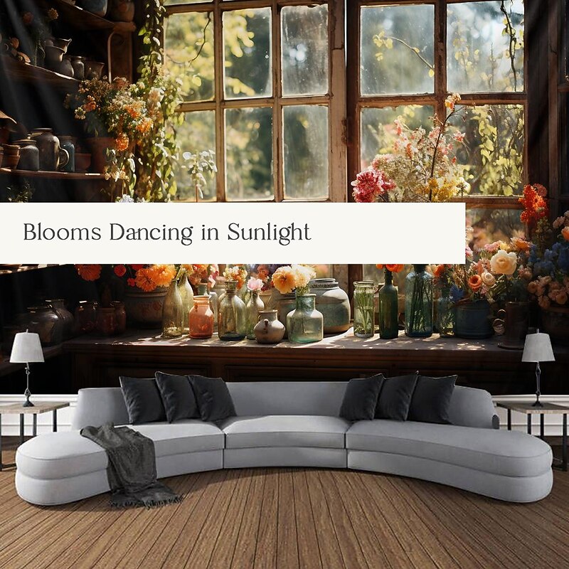 Flowers on Window Wall Hanging Tapestry Wall Art Large Tapestry Mural Decor Photograph Backdrop Blanket Curtain Home Bedroom Living Room Decoration2