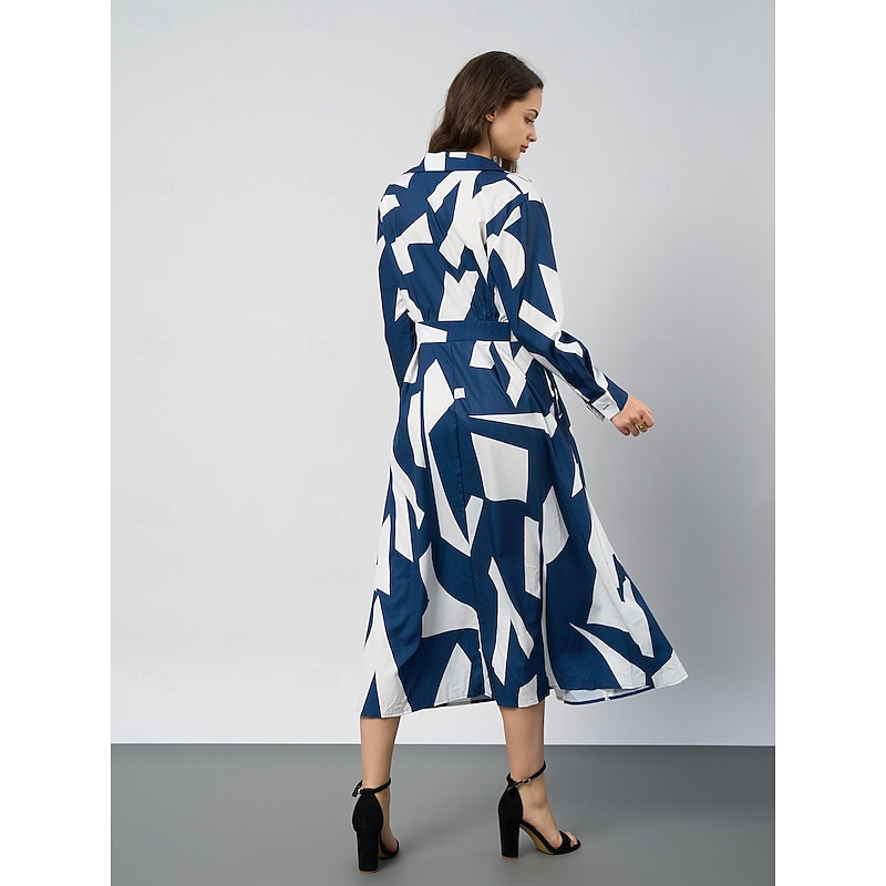 Women's Midi Dress A Line Dress Graphic Vintage Modern Office Ruched Button Long Sleeve Shirt Collar Dress Slim Blue Spring Fall S M L XL XXL2