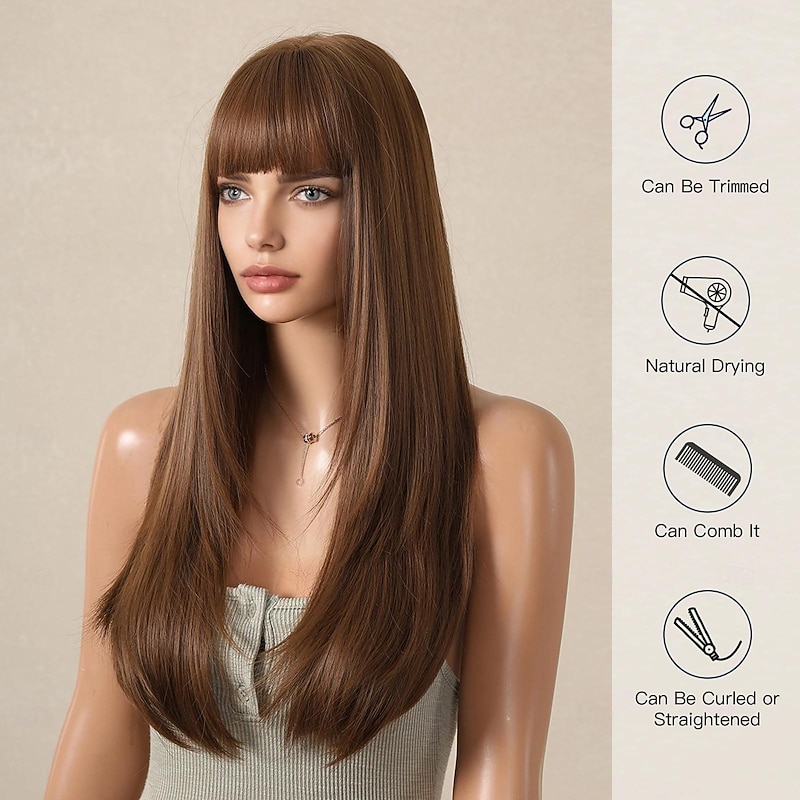 Synthetic Wig Straight Neat Bang With Bangs Wig 26 inch sepia Synthetic Hair Women's Ombre Hair Comfy With Bangs Brown4