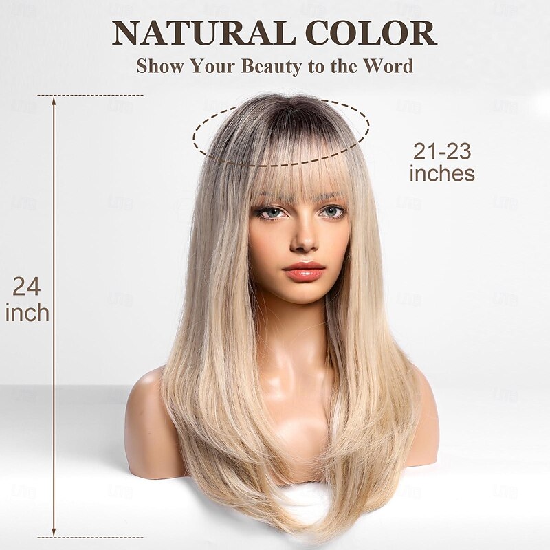 Ombre Blonde Wigs for Women Dark Root Long Straight layered Wig with Bangs Heat Resistant Fiber Synthetic Wigs Daily Natural looking Halloween Wigs3