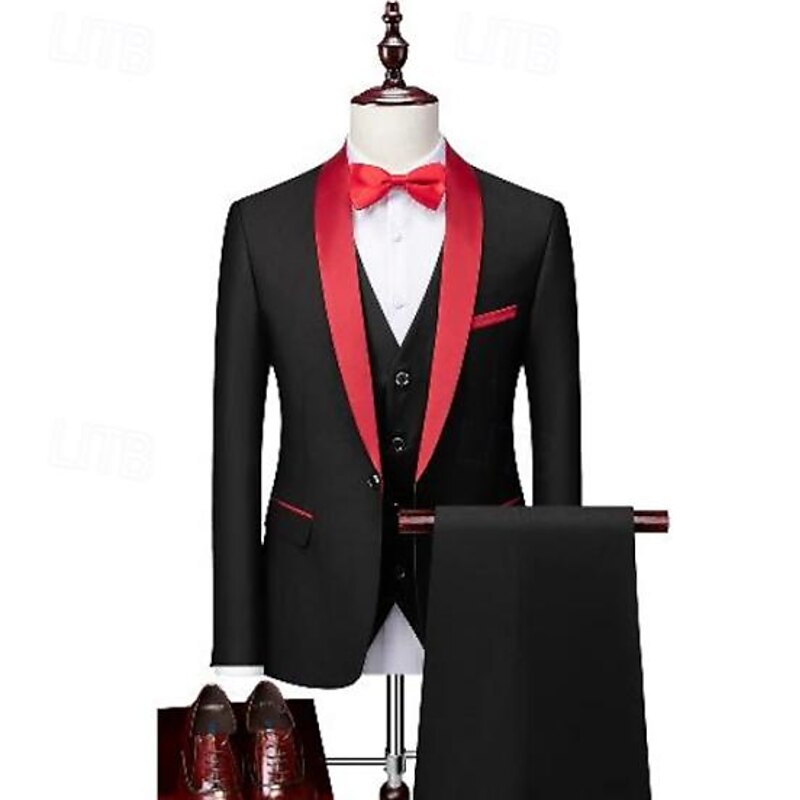 Men's Wedding Party Tuxedos Party Dark Grey Black Solid Colored Standard Fit 3 Piece Single Breasted One-button4