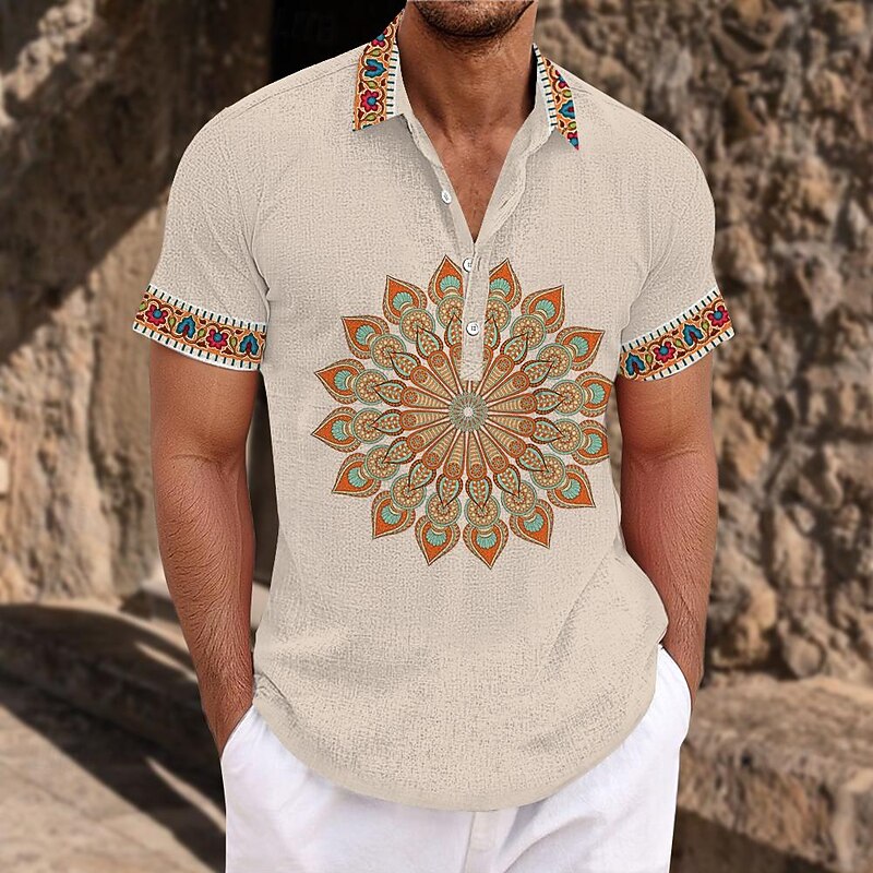 Men's Ethnic Shirt Button Up Shirt Short Sleeve Casual Tribal Daily Holiday Summer Spring Turndown 3D Print Button-Down Red Blue Khaki3