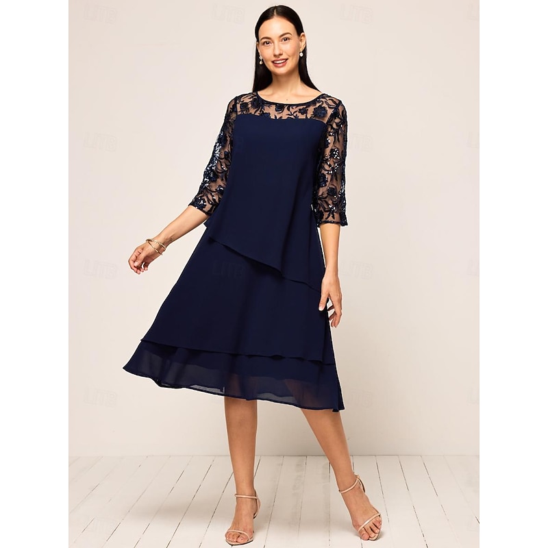 Women'sWedding Guest Cocktail Dress Chiffon Ruffle Party Elegant Formal Crew Neck Flared Sleeve Dark Blue Color3