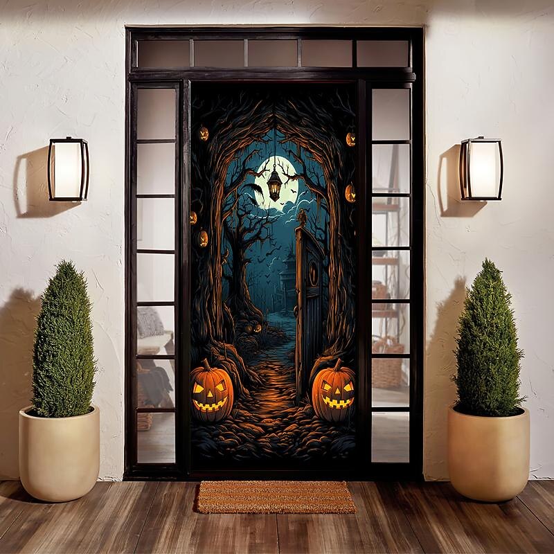 Halloween Door Decorations Halloween Door Covers Door Tapestry Pumpkins Forest Door Curtain Decoration Backdrop Door Banner for Front Door Farmhouse Holiday Party Decor Supplies 10