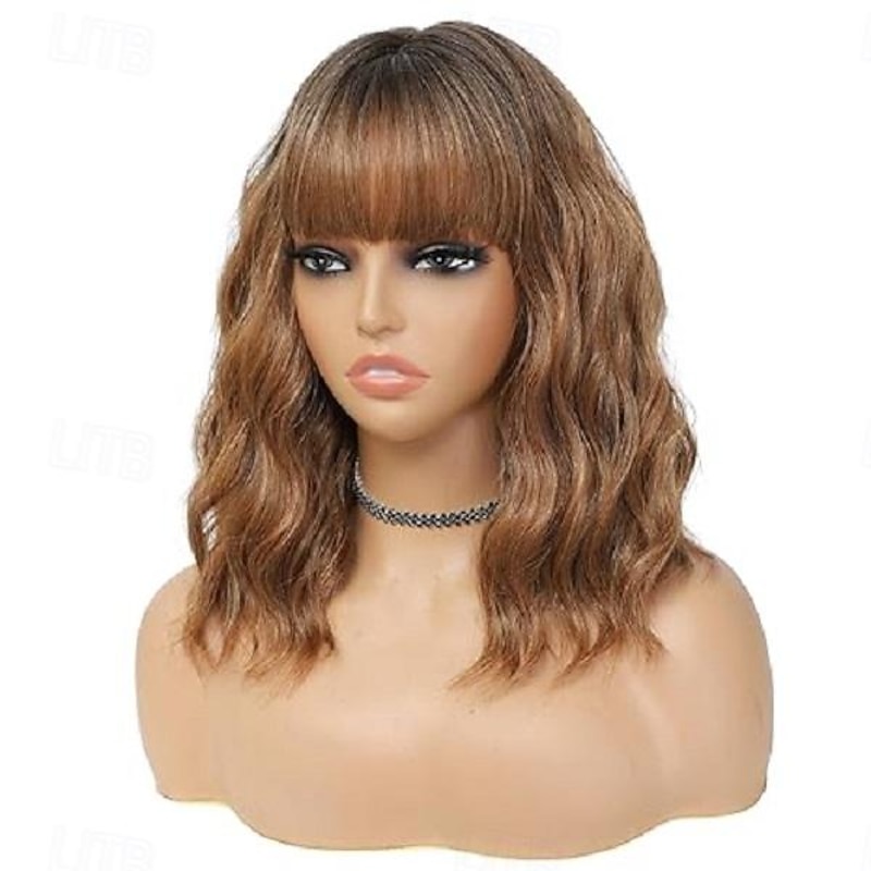 Ombre Blonde Wig with Bangs for Women 14 Inch Shoulder Length Short Bob Wavy Curly Wig Platinum Blonde Wig Heat Resistant Synthetic Wigs Halloween Wigs