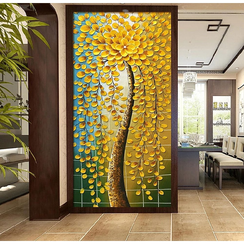 Hand Painted Abstract Yellow Gold Cherry Blossom Painting Living room decor Abstract flower wall art Thick Acrylic Palette Knife Oil Painting On Canvas Unframed3