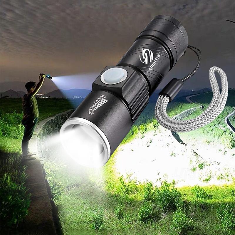 Super bright Rechargeable LED Flashlight With Tail USB Charging Head Zoomable waterproof Torch Portable light 3 Lighting modes Built-in battery3