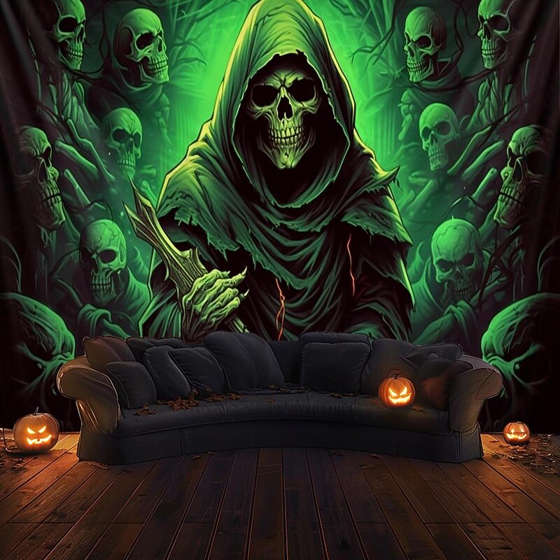 Halloween Decorations Green Skulls Hanging Tapestry Wall Art Large Tapestry Mural Decor Photograph Backdrop Blanket Curtain Home Bedroom Living Room4