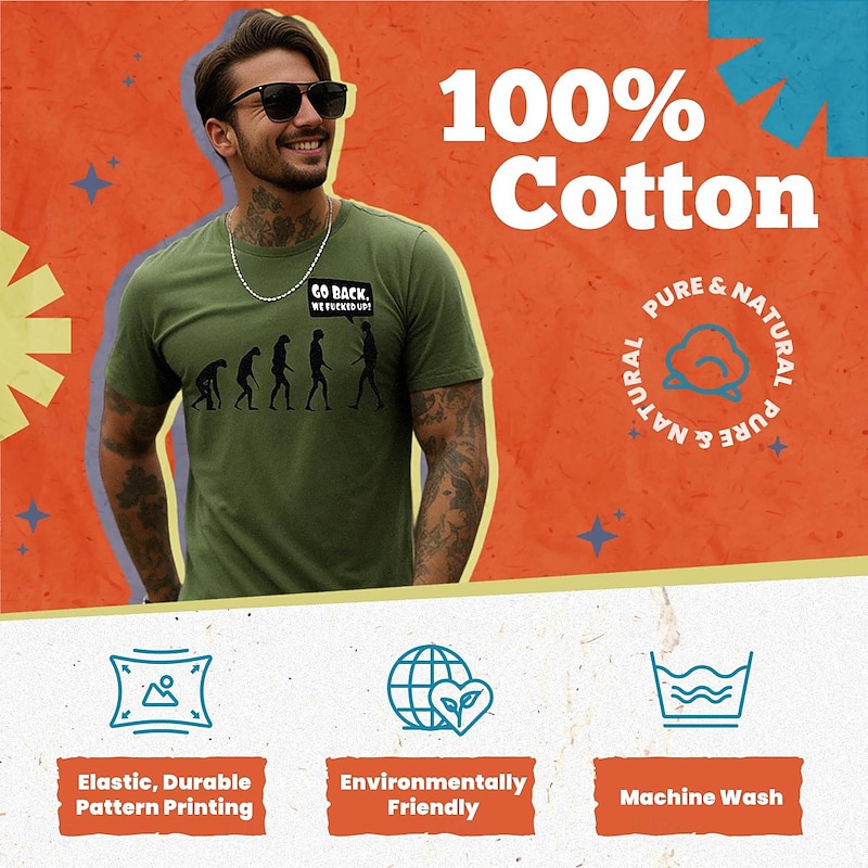Mens Funny Evolution Graphic T-Shirt 'Go Back, We Fucked Up!' Design4